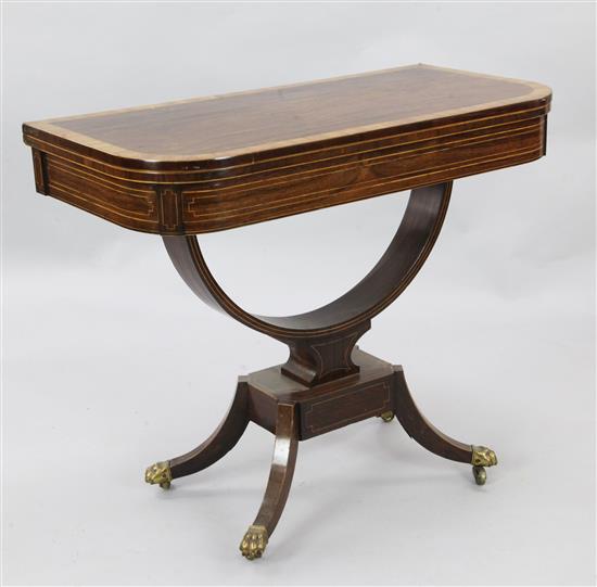 A Regency banded and strung rosewood card table, W.3ft D.1ft 6in. H.2ft 6in.